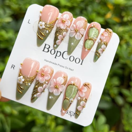 Pink Green Gradient Stiletto Press On Nails with Floral Gold Decor - Mint Nude Variation of THIS Listing