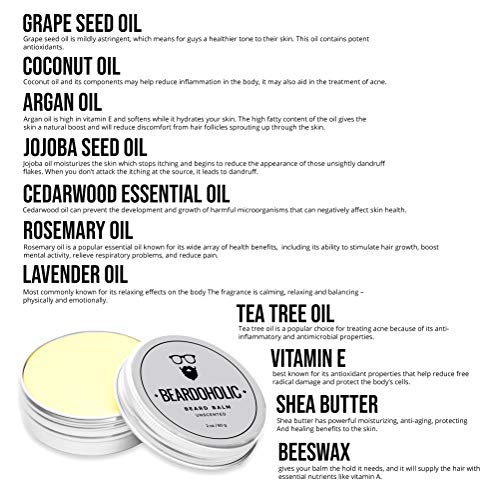 Beardoholic Beard Balm ? 100% Natural With Strong Hold That Lasts All Day - Shapes and Styles Beard With Ease ? Eliminate Itch and Dandruff ?Unscented, 2 oz (60 g Size of Container)