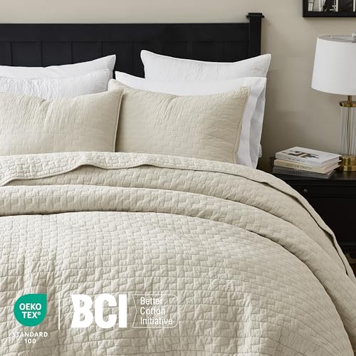California King Cotton Quilt Set with Pillow Shams - Block Beige, Textured Oversized Bedspread