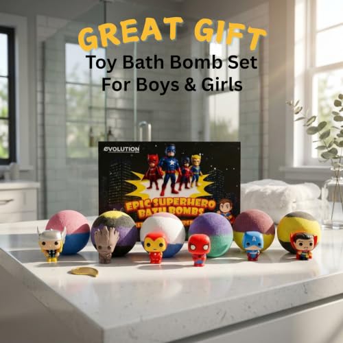 EvolutionUSA Black Epic Superhero Bath Bombs Set with Surprise Toys - 6 Large Organic Kids Bath Balls