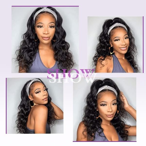 Black Body Wave Headband Wig 16 Inch Human Hair Glueless Brazilian Virgin Hair