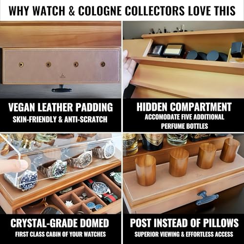 Cologne and Watch Organizer Walnut Brown ? Wooden Perfume Display Stand with Jewelry Storage Drawer, Velvet Lining, Hidden Compartment ? Large Cologne Holder ? Gift Box Included