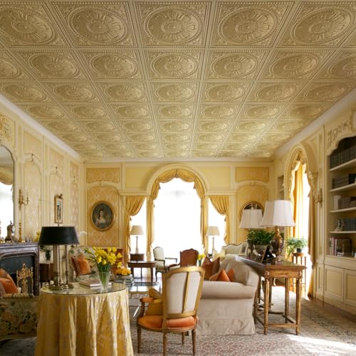Drop Ceiling Tiles 24x24 Inches Waterproof PVC Panel Pack of 12 Champagne Gold