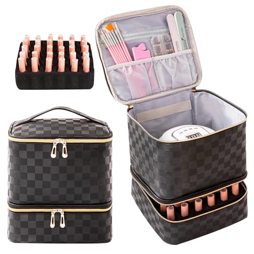 Nail Polish Storage Organizer Checkerboard Black - Removable Dividers & Portable
