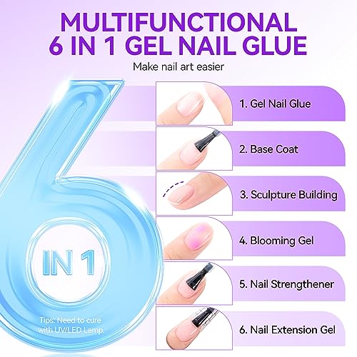 Gelike EC UV Nail Glue Gel: 32ML 6 in 1 Strong Glue Nail for Extension Home DIY Clear UV Cure Adhesive for Acrylic Nails & Press On Nails Tips 12 Toxic-Free (Pack of 2)