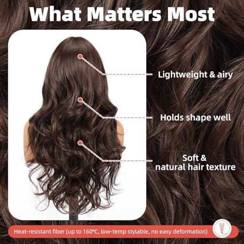Brown Wigs for Women - 22 Inch Curly Synthetic Hair with Realistic Scalp & Free Parting
