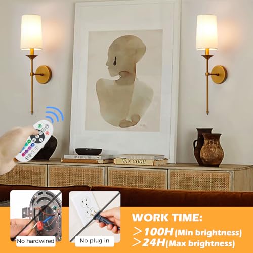 PASSICA DECOR Antique Brass Battery Operated Wireless Wall Sconce Set of 2 with Remote, Dimmable RGB & Timer