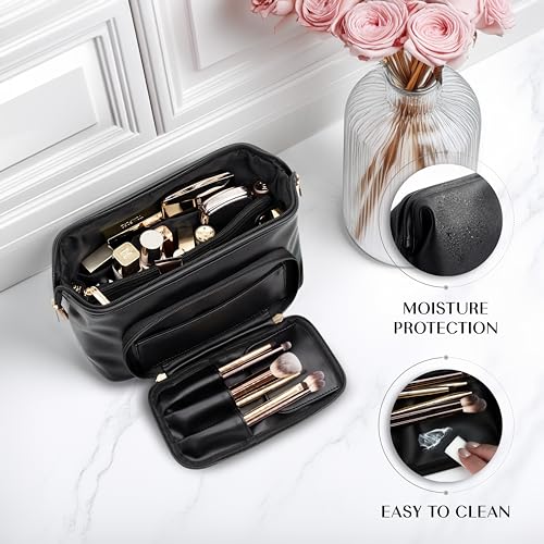 TREND-X PU Leather Makeup Bag with Brush Compartment, Open Flat Travel Cosmetic Organizer for Women, Large Capacity Vanity Makeup Bag