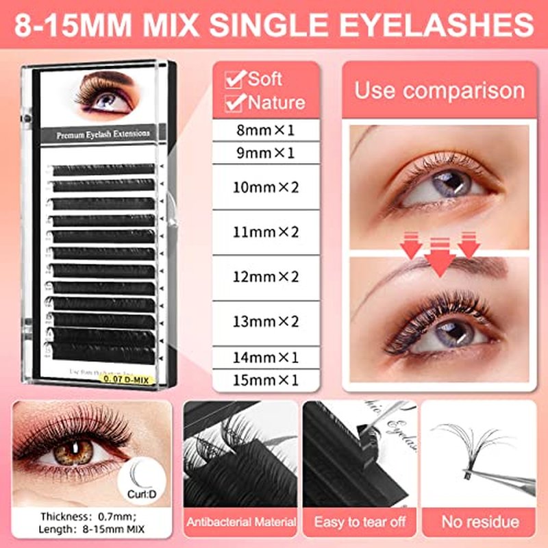 Eyelash Extension Kit - Individual Lash Extensions Supplies with 0.07D Curl Mix 8-15mm, Glue, Remover, USB Lash Fan, Tweezers, Eye Gel Pads, Micro Brushes, Mascara Brushes