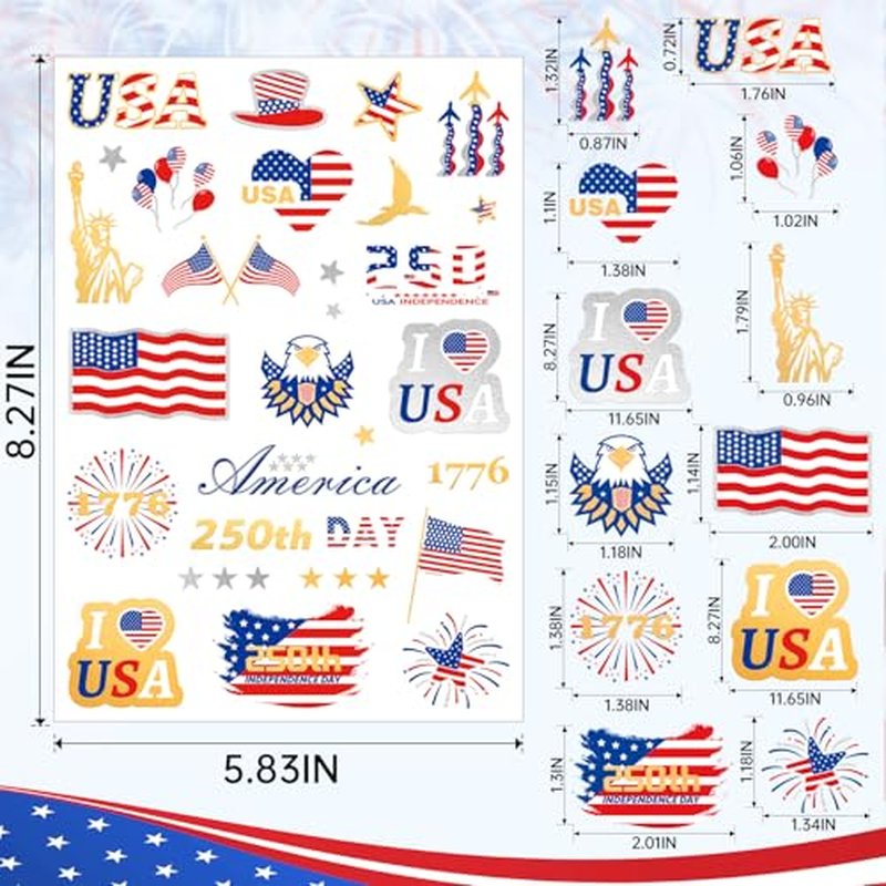 250 Anniversary 4th Of July Temporary Tattoos, USA, America Flag, Patriotic, Independence Day, July 4th Anniversary, Red White Blue Accessories Decorations For Party 4 Sheets