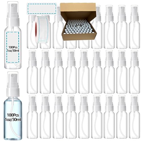 100PCS 1oz/30ml Small Mini Spray Bottles with 150pcs Labels, Clear Travel Spray Bottles Refillable Fine Mist Plastic Empty Bottle, Refillable Cosmetic Containers for Plants,Cleaning, Misting&Skin Care