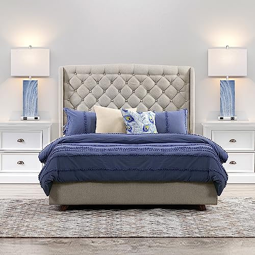 Blue Touch Control Bedside Table Lamp Set of 2 with USB & Outlet, 3-Way Dimmable, Modern Ceramic Nightstand Lamps with Fabric Shade