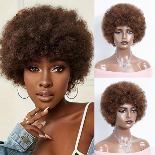 Joedir P4/30 Short Brown Afro Curly Human Hair Wig 8 Inch 130% Density Glueless
