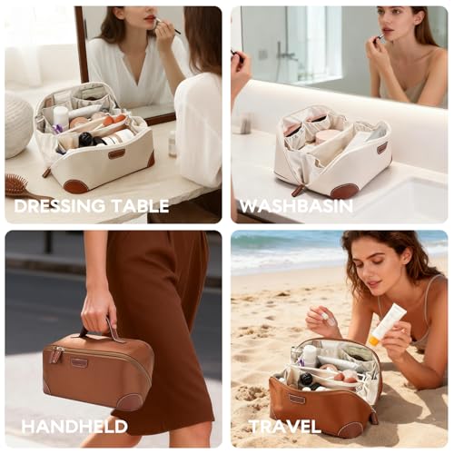 Brown Travel Makeup Bag for Women Flat Open Cosmetic Organizer