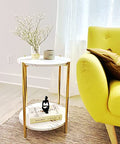 Gold Round End Table with Faux Marble Top - 2-Tier Modern Side Table