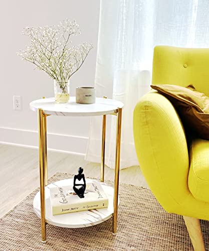 Gold Round End Table with Faux Marble Top - 2-Tier Modern Side Table