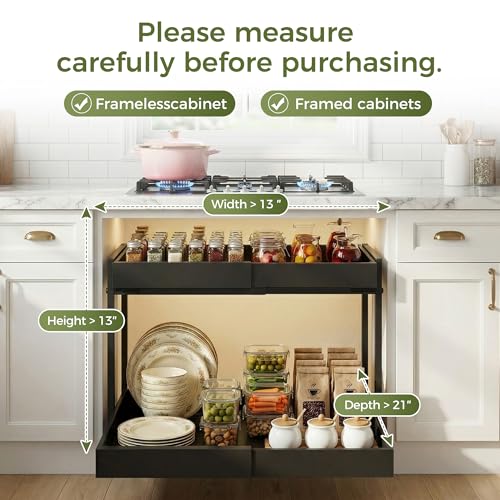 Adjustable Pull Out Kitchen Cabinet Organizer 2-Tier Slide Out Drawer, Heavy Duty Steel, Black, 20.7"D x 12-18.5"W