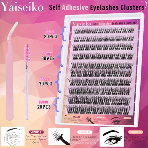 Self Adhesive Eyelashes Clusters Wispy Eyelash Extension Self Adhesive Eyelashes Reusable Press on Lashes No Glue Needed lash Clusters 10-16mm D Curl Individual Lashes Extensions with Tweezers