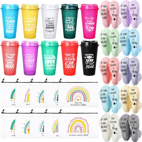 30 Pieces Teacher Gifts Bulk,Graduation Back to School Day Appreciation Week Gift 16oz Plastic Coffee Tumbler with Lids Teacher Makeup Bags Crew Socks for Women Coworker(Classic)