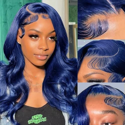 Blue Lace Front Wig Human Hair Body Wave 20 Inch Glueless Pre Plucked with Baby Hair - Navy Blue 13x4 HD Lace Frontal Variation of THIS listing