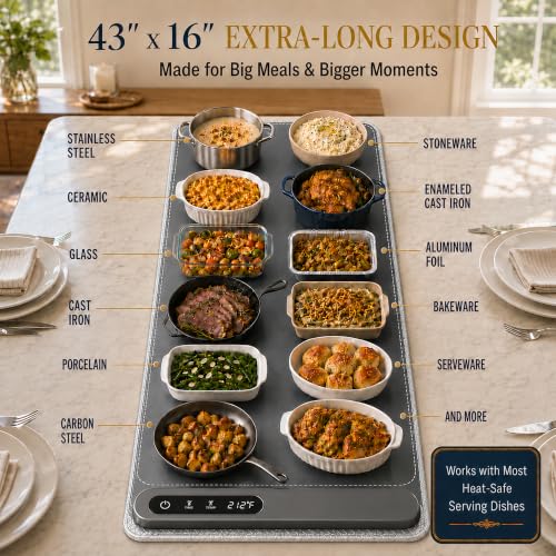 Extra Large Food Warming Mat 43x16 Inch 560W for Parties - Gray