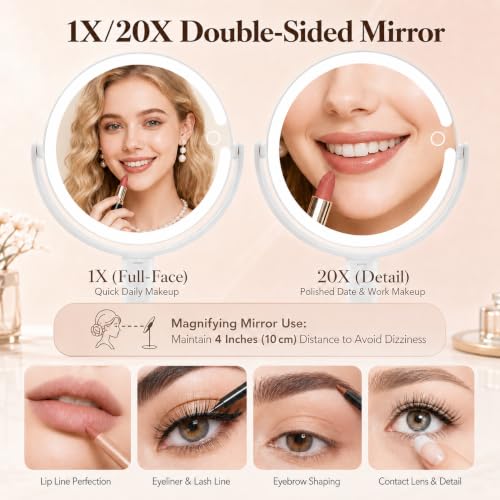 MOMOKUBA White Makeup Mirror with Lights, 20X Magnification, Adjustable Height
