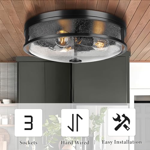 Black 16 Inch Large Flush Mount Ceiling Light Fixture with Seeded Glass - Farmhouse Indoor Outdoor Lamp - Rosient ROS88