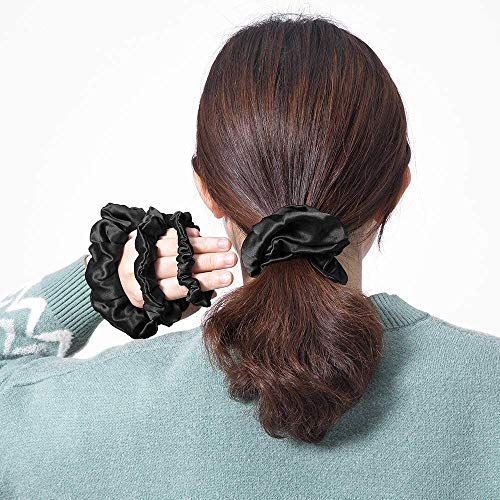 LilySilk 4-Piece Silk Hair Scrunchies Set - Black, 100% Mulberry Silk, Large & Skinny