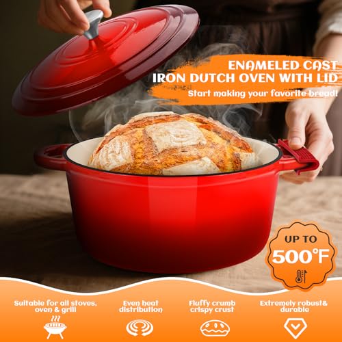 Red Enameled Cast Iron Dutch Oven Pot 5QT for Bread Baking with Lid - NZQXJXZ