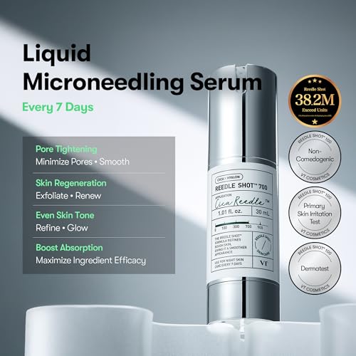 VT COSMETICS CICA Reedle Shot 700, Spicule Microneedling Serum for Pore Care&Exfoliation, Exosome&Centella Asiatica for Glass Skin, Acne&Blemish Care, Korean Liquid Skin Booster (1 Fl Oz / 30ml)