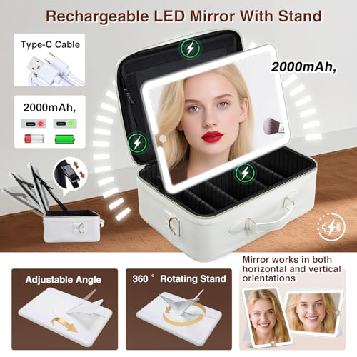 Cream Large Makeup Bag with LED Mirror - Travel Organizer for Artists