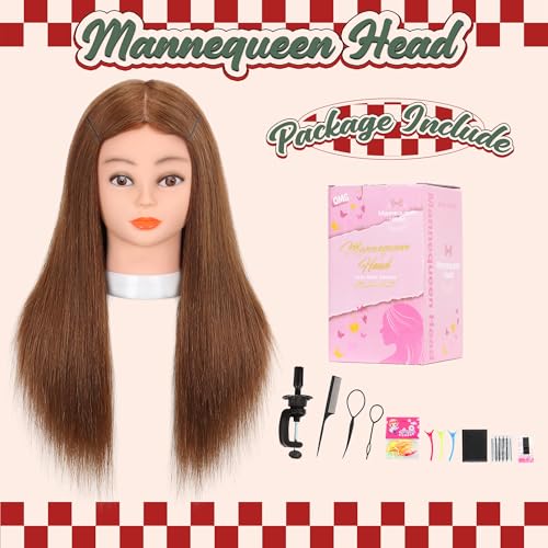 Mannequin Head with Human Hair - 22-24 Inch Dark Brown Cosmetology Manikin for Hairdressing Practice with Clamp & Tools