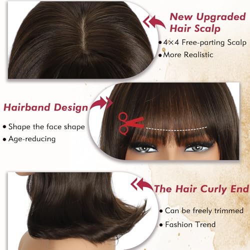 LEOSA Brown Highlights Short Bob Wig with Bangs, Realistic Scalp, Shoulder Length Wavy Layered Synthetic Hair for Women