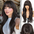 Dark Sandalwood Brown Wavy Wig with Bangs - 22 Inch Voluminous High Crown Synthetic Hair - Realistic Scalp, Adjustable Fit, Office & Casual Styles - Variation: Dark Sandalwood Brown