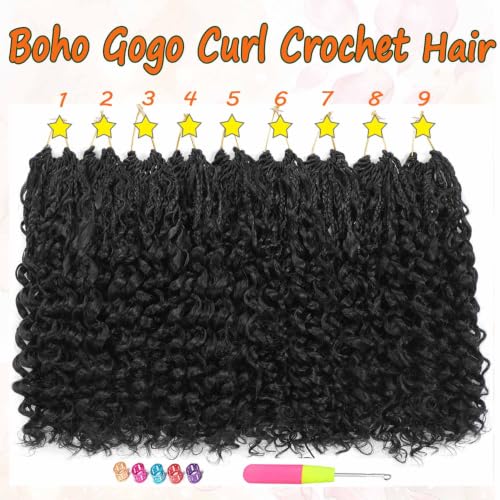 RENJOING 14 Inch Black Protein Fiber Boho Gogo Curl Crochet Hair 9 Packs