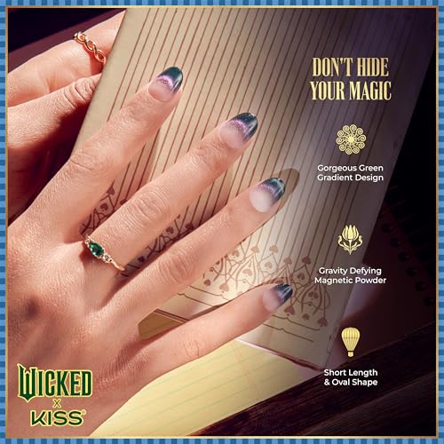 WICKED X KISS Press On Nails, ¡®Don't Hide Your Magic¡¯, Green, Short Oval, Waterproof, Chip Proof, Smudge Proof, 28 Fake Nails, Pink Gel Nail Glue (2g), Mini Nail File, & Manicure Stick