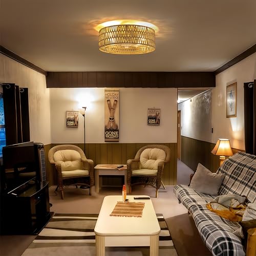 Gold Boho Ceiling Fan with Lights & Remote Control - Flush Mount, 7 Blades