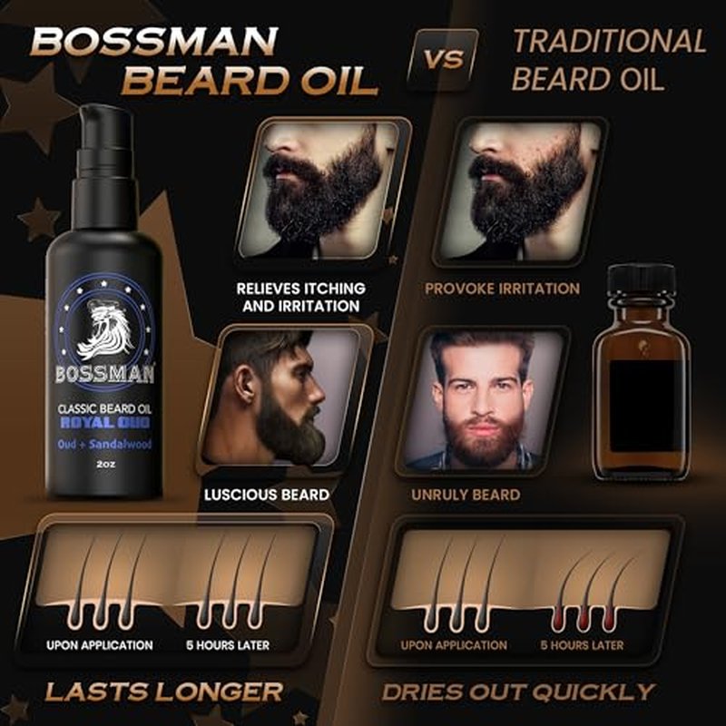 Bossman Organic Mustache & Beard Oil for Men, 2 oz ? Natural Beard Moisturizer with Jojoba, Argan & Avocado Oils (Royal Oud Scent)