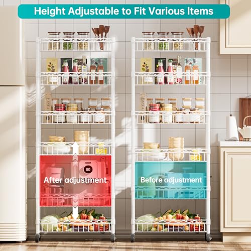 6-Tier Adjustable Wire Shelving Rack with Wheels and Baskets - White, 17x12x63 inches