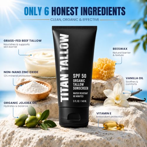 Mineral Sunscreen SPF 50 with Organic Grass-Fed Beef Tallow - Reef Safe, Broad Spectrum for Face & Body - 5 Oz