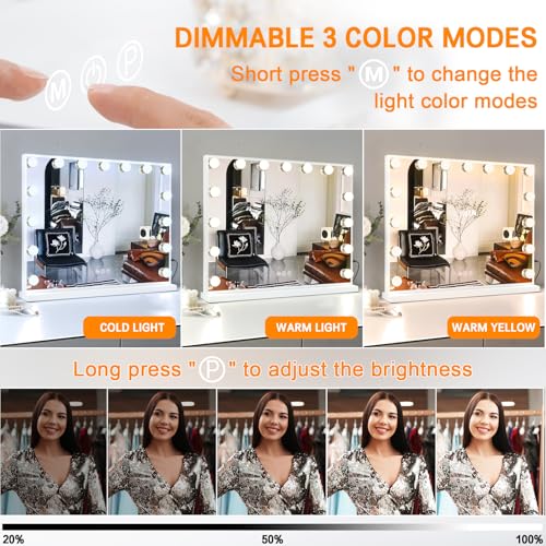 FENCHILIN Vanity Mirror with Lights, 22.8"x 18.1" Hollywood Makeup Mirror with 15 LED Dimmable Bulbs Lighted Vanity Mirror with USB Charging Port 10X Magnification Tabletop for Bedroom