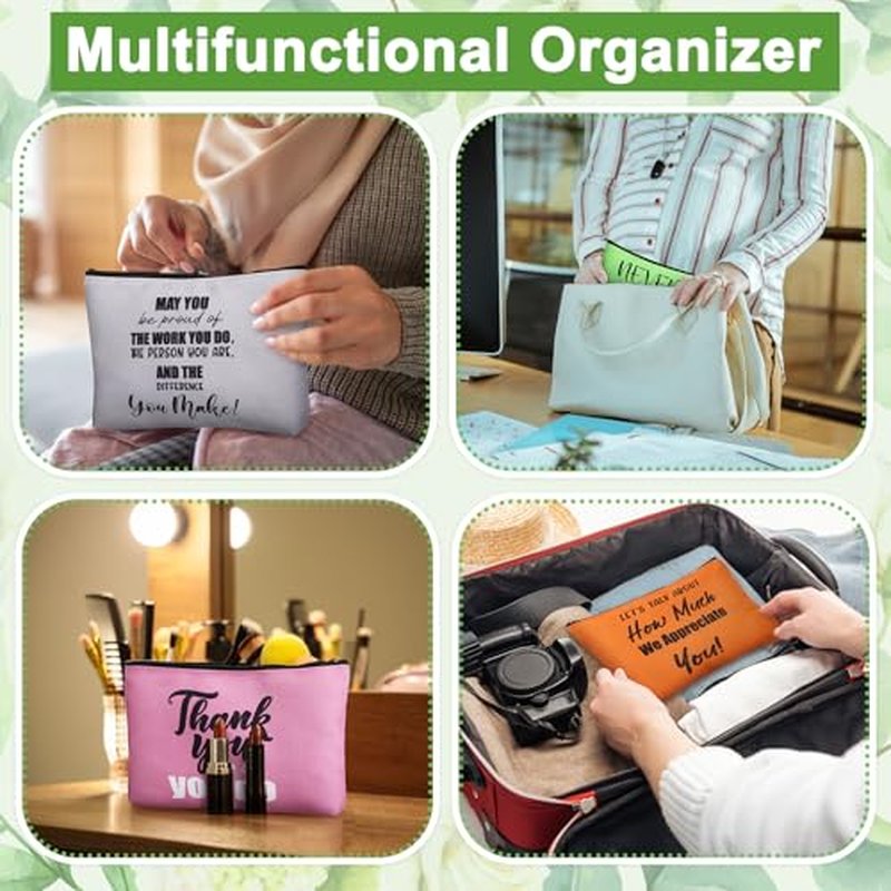 Kacctyen 9 Pcs Employee Appreciation Gift Bulk Inspirational Thank You Gift for Women Employee Makeup Bag Zipper Pouch Canvas Cosmetic Bag for Social Worker Volunteer Team Staff Teacher Nurse Coworker