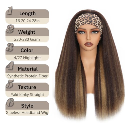 4/27 Highlights Kinky Straight Headband Wig 28 Inch Afro Yaki Synthetic Hair for Black Women - Natural Look & Lightweight - Variation of THIS listing