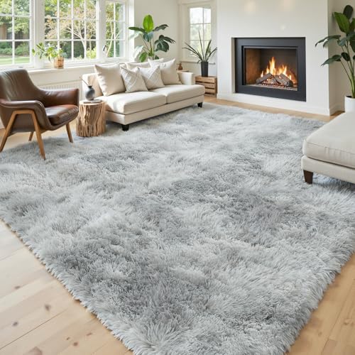 Light Grey Tie-Dyed 8x10 Area Rug - Large Shaggy Carpet for Living Room - Grey Fluffy Rug with Non-Slip Backing