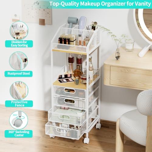 Natural 4-Drawer Makeup Cart with Wheels - Space-Saving Organizing Storage