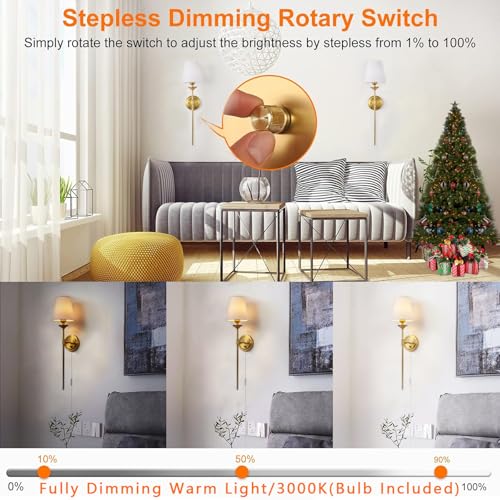Gold Plug-In or Hardwired Wall Sconce Set of 2 - Dimmable Mid Century Modern Bedside Lighting with Knob Switch and 6.5FT Cord