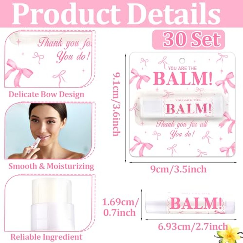 30 Pack Pink Bow Lip Balm Bulk Coquette Bow Thank You Gifts Appreciation Moisturizing Lip Care Set Valentine's Galentine's Day Bachelorette Party Favor for Women Wedding Bridal Spring Supplies