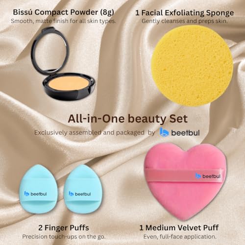 Beetbul Makeup & Exfoliation Kit - Biss? Compact Powder + 1 Medium Velvet Puff + 2 Finger Puffs + 1 Facial Exfoliating Sponge (10 Honey, One Size)