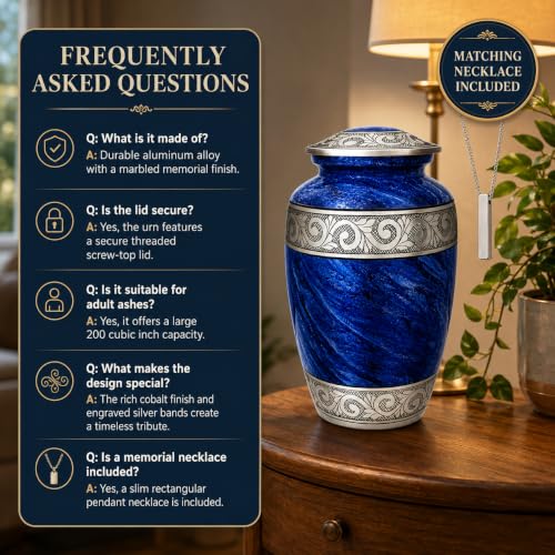 Eternal Blue Cremation Urn Set for Human Ashes - Adult Male & Female with Necklace & Velvet Bag - Variation of THIS listing