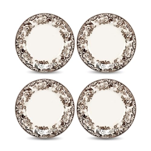 Dinner Plate Set of 4 - 10.5 Inch White and Brown Earthenware, Microwave & Dishwasher Safe | Delamere Pattern